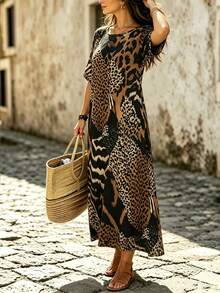 Linhara CURVE Gaun Pesta & Perjalanan Kasual Motif Leopard Leher Bulat untuk Wanita Ukuran Besar - Hitam - View 3