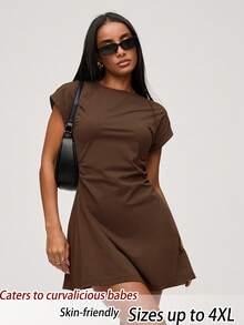 EMERY ROSE Vestido de fiesta casual de unicolor para mujer de talla grande - Marrón - Ver 1