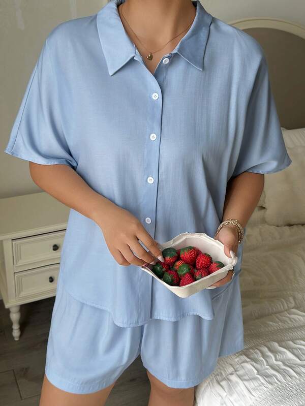 Dazy Plus Solid Color Casual Loose Pajama Top Short Sleeve Satin Fabric Elastic Waist Shorts Plus Size Women Spring Summer Blue Pajama Set