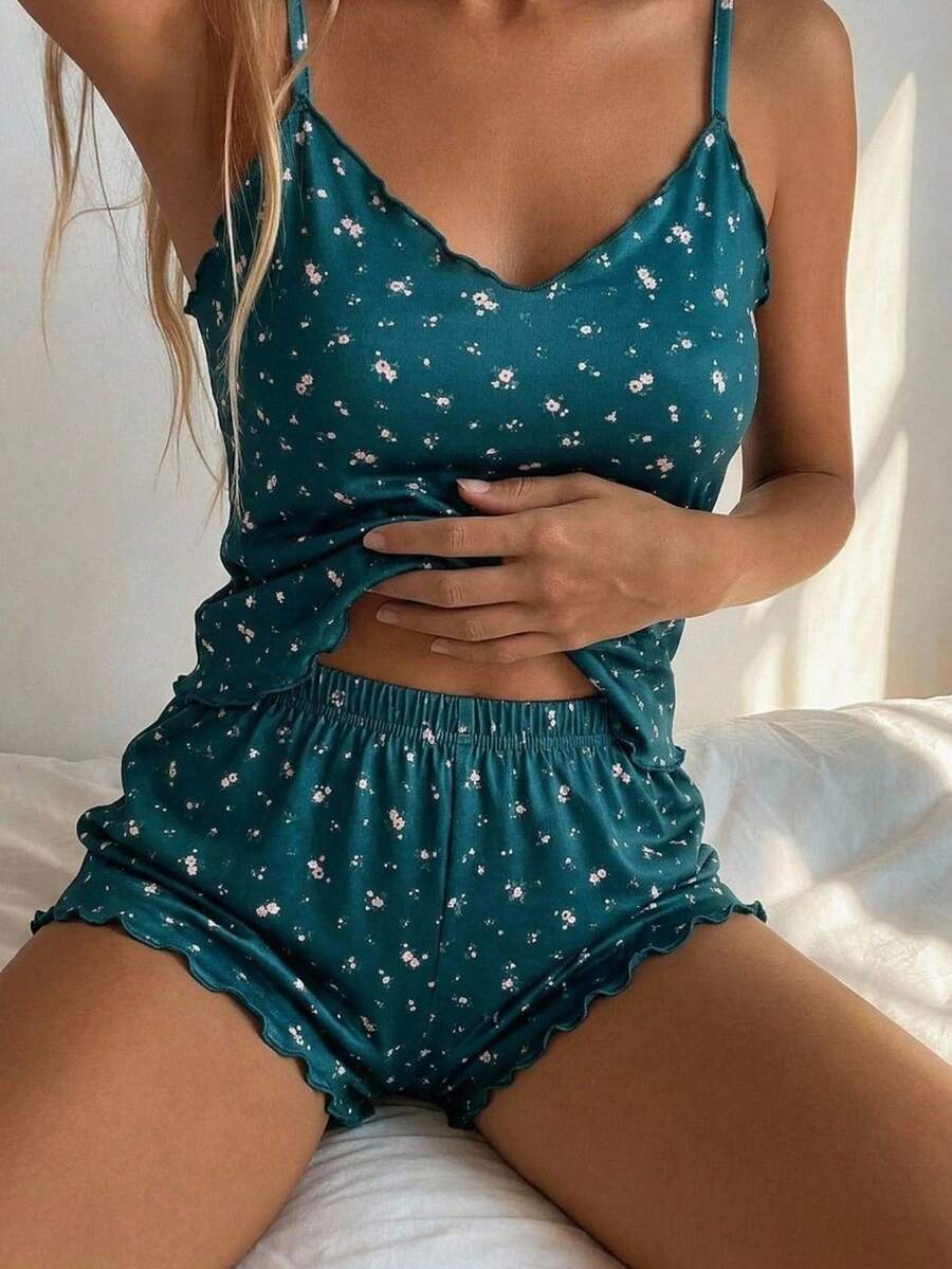DAZY 甜美碎花無袖修身背心上衣與短款睡褲 2件組夏季女款睡衣套裝 - 墨綠色 - 查看 1