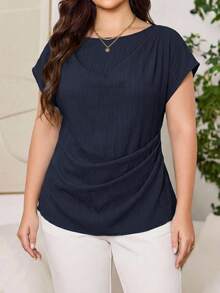 Reflora Plus Size Women's Solid Color Round Neck Batwing Sleeve Pleated Casual Shirt - Navy Blue - View 1