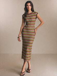 Poéselle Women's Striped Round Neck Cap Sleeve Fitted Elegant Long Dress - Multicolor - View 5