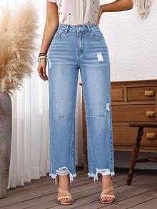 SHEIN PETITE Women's Pocket Distressed Straight Leg Loose Casual Denim Jeans ,Petite Women - Light Wash - View 5