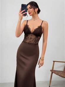 Firerie Women's Elegant Romantic Dark Brown Spaghetti Strap Lace Sexy Dress Night Out Summer Date Night - Brown - View 7