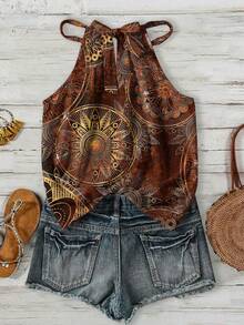 EMERY ROSE Women's Bohemian Style Halter Neck Fashion Casual Tank Top - Multicolor - View 2