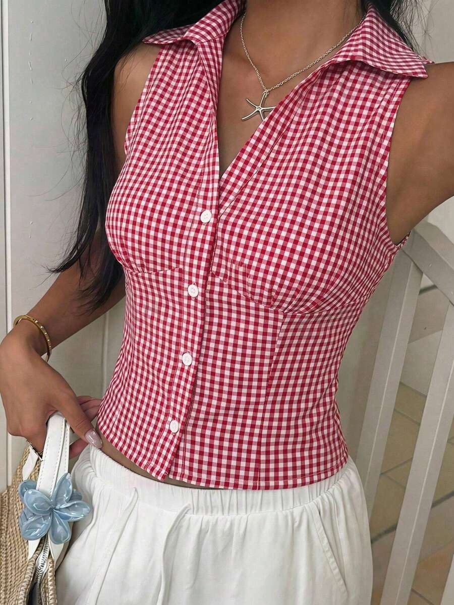 CovetEZ 多巴胺格紋無袖修身女版襯衫,夏季無袖開襟領口女裝上衣,適合日常通勤、約會、聚會、秋冬夏、聖誕節、新年、感恩節、派對、婚禮、海灘、畢業典禮、時尚、優雅、休閒、外出、約會、預約、通勤、亮面、情人節、優雅、度假、休閒、Y2K、外出、畢業典禮等 - 彩色 - 查看 1