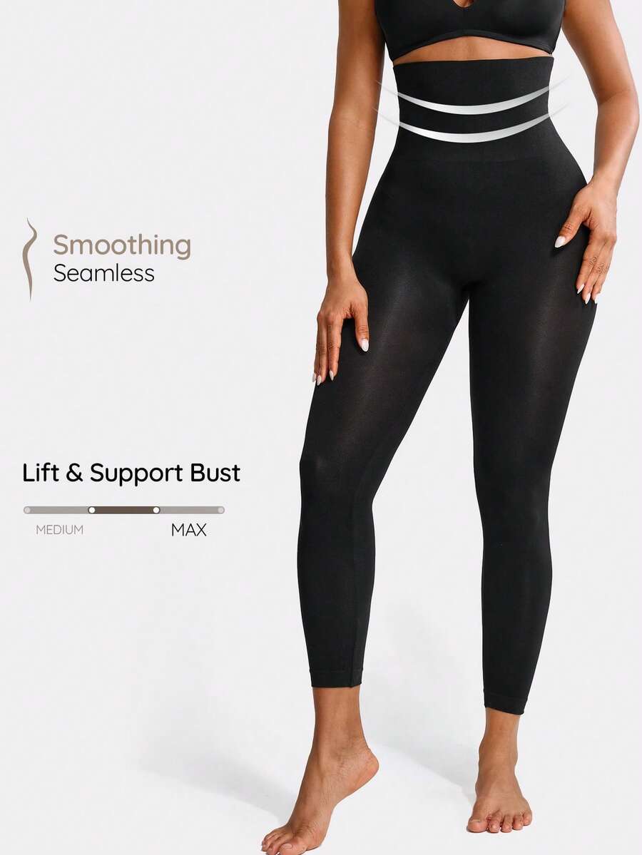 SHAPORA Solid Color High Waisted Tummy Control Pants - Black - View 1