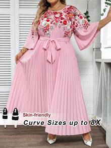 SHEIN CURVE+ 大尺碼女款優雅印花百褶洋裝，百褶洋裝，長款優雅洋裝海灘女裝/海灘洋裝/海灘度假穿搭/海灘必備品/畢業典禮/下午茶洋裝，夏日洋裝/鄉村風/海灘度假穿搭/海灘穿搭/海灘服飾 - 彩色 - 查看 1