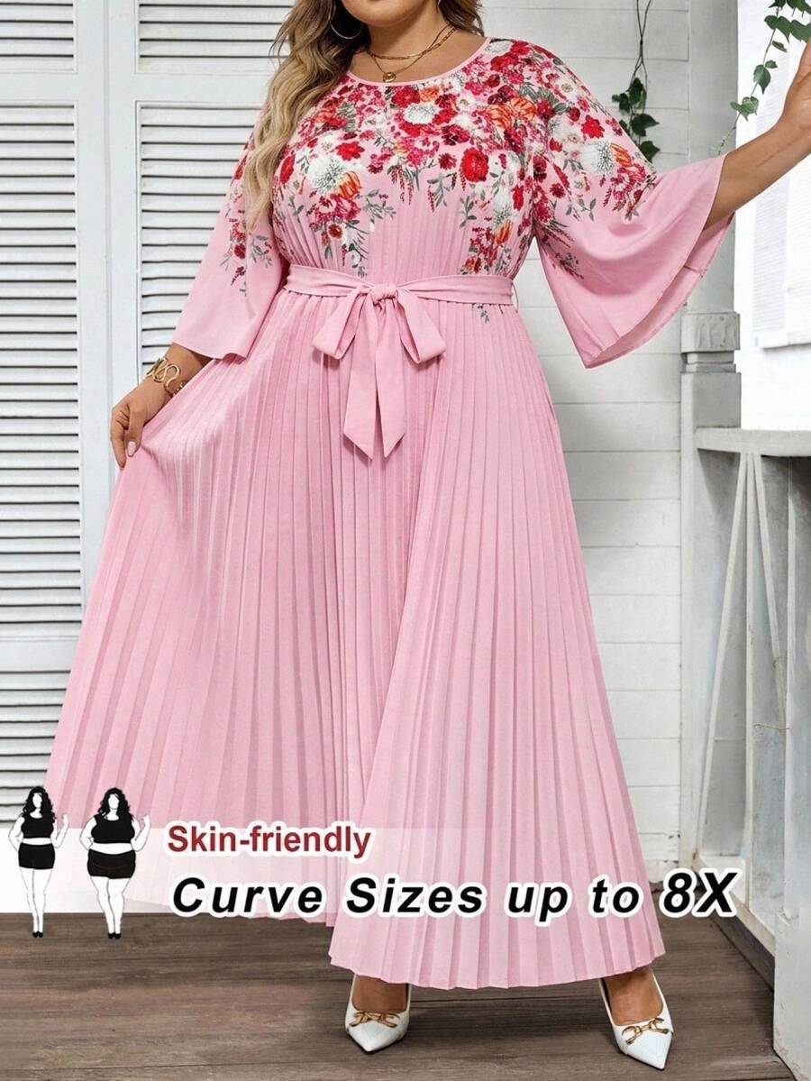 SHEIN CURVE+ 大尺碼女款優雅印花百褶洋裝,百褶洋裝,長款優雅洋裝海灘女裝/海灘洋裝/海灘度假穿搭/海灘必備品/畢業典禮/下午茶洋裝,夏日洋裝/鄉村風/海灘度假穿搭/海灘穿搭/海灘服飾 - 彩色 - 查看 1