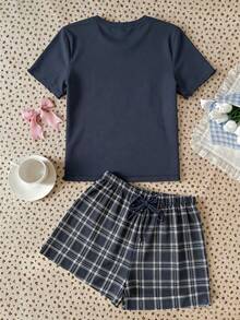 Teen Girl Casual Loose Minimalist Round Neck Short Sleeve Shorts Pajama Set, Suitable For Spring/Summer Blue Checkered - Multicolor - View 3