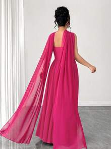 Elenzga Vestido largo de mujer de verano con bufanda de malla, pliegues en el pecho, dobladillo extra largo hasta el suelo, elegante, de moda y romántico - Rosa Fucsia - Ver 2
