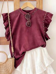 Franclia Rivet Craft Fashionable Minimalist Women's Ruffle Cuff Round Neck T-Shirt, Gift For Friends - Burgundy - View 3
