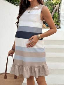 SHEIN Maternity Striped Round Neck Ruffle Hem Casual Sleeveless Dress - Grey - View 5