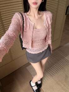 DAZY 春夏花卉蕾絲女版開襟衫與細肩帶上衣兩件組，粉色優雅通勤度假休閒婚禮長袖女款T恤 - 粉色 - 查看 3