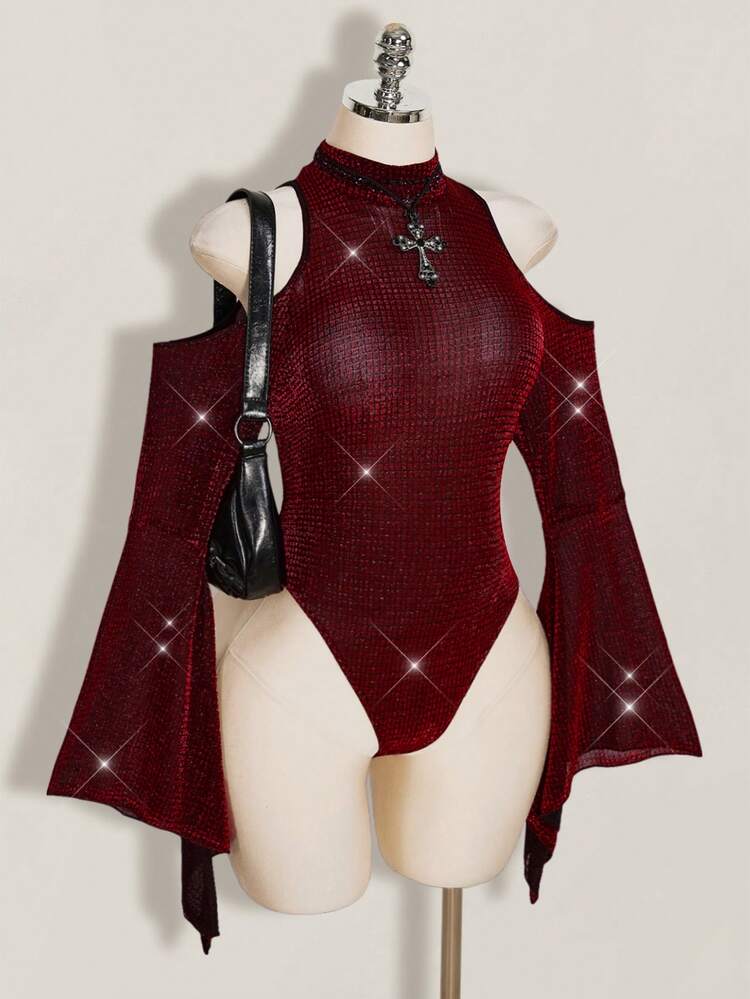 SHEIN ICON Plus Size Stand Collar Exaggerated Flare Sleeve Sheer Shiny Bodysuit, Music Festival Outfit, Party Winter - Burgundy - View 6