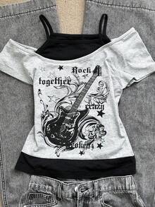 DAZY Áo top nữ casual họa tiết guitar & chữ in phối patchwork, đa năng cho mùa xuân & mùa hè - Xám - Xem 2