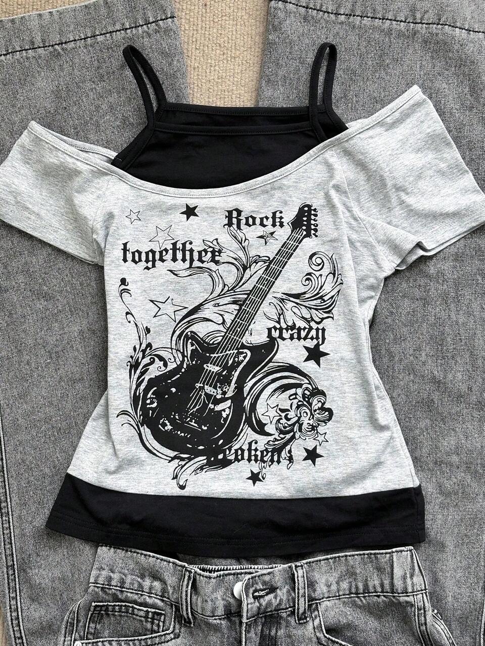 Women's Casual Guitar & Letter Print Patchwork Top, Versatile For Spring & Summer Sundress