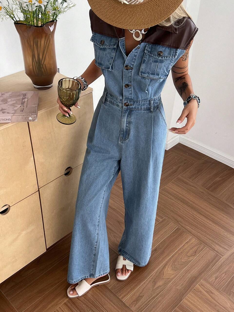 Women's Casual Fashion Street Contrast PU Leather Sleeveless Cinched Waist Side Pocket Denim Jumpsuit
