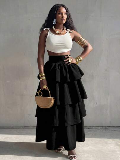 BamGlimmer Women's Solid Color High Waist Multi-Layer Ruffle Long Skirt Vacation Black Autumn Elegant