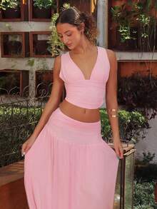 juhmazzocco Women's Elegant V-Neck Camisole And High Waist Mesh Skirt 2-Piece Set, Spring/Summer Pink - Pink - View 4