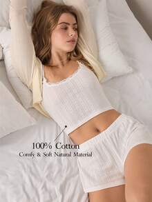 Ocili 2 piezas Conjunto de ropa de dormir de camiseta y pantalones cortos de mujer con textura de encaje de algodón cómodo - Blanco - Ver 1