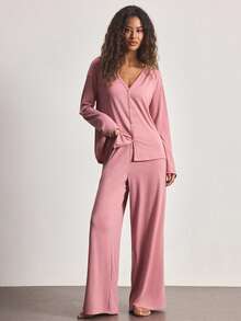 Ocili Minimalist Casual Comfortable Collarless Soft Pajama Set For Women Lounge Dusty Pink Autumn - Dusty Pink - View 2