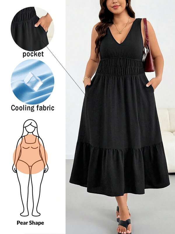 Shapeblank Plus Size Women's Spring/Summer Fashion Casual Loose Comfortable Daily Basic Versatile V-Neck Black Mid-Length Dress With Pockets Formal Vacation