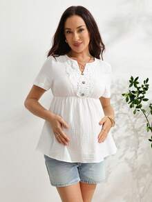 SHEIN 孕婦夏季休閒純色短袖襯衫 100%純棉 - 白色 - 查看 2
