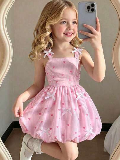 1 Girl Child Sweet And Lovely Dress Three-Dimensional Bow Decorative Sling Waist Lantern Skirt Waist Skirt Children's Summer Holiday Small Fresh.