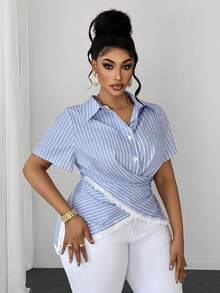 Maweii Plus Size Criss-Cross Lace-Up Collar Blue And White Ruffle Short Sleeve Elegant Blouse Beach Vacation Office Summer - Multicolor - View 1