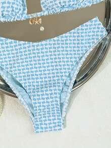 Swim Vcay 2026春夏紋理藍白細肩帶掛脖高衩側綁帶比基尼泳衣2件套，甜美度假風，適合海灘拍照 - 藍色 - 查看 5