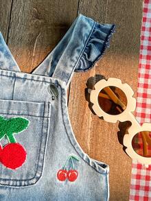 SHEIN Playful Pals 1件女嬰藍色牛仔休閒可愛刺繡花卉吊帶連身長褲，適合外出與派對，秋季穿著 - 紅色 - 查看 7