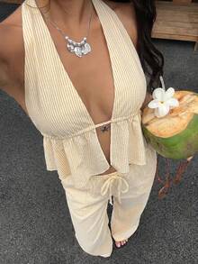 SHEIN EZwear 鵝黃色條紋編織女款休閒套裝 - 鵝黃色 - 查看 8
