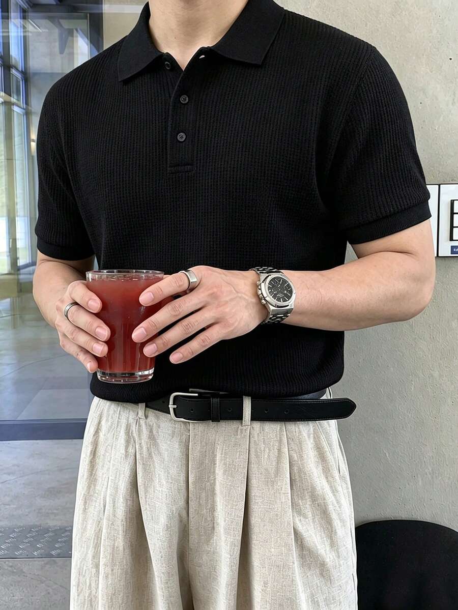 JOLTRO 男士純色休閒百搭通勤旅行短袖 Polo 衫,正式款 - 黑色 - 查看 1