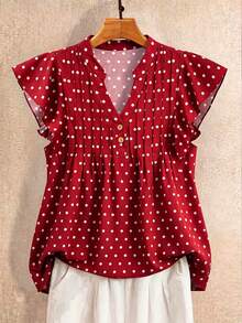 SHEIN LUNE CURVE 大尺碼波點短袖休閒 90 年代度假風夏季假日早午餐上衣 - 紅色 - 查看 4