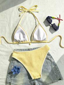 Swim Vcay 女款兩件式泳衣套裝，特殊面料，掛脖綁帶，露背，貝殼設計，夏季度假海灘 - 彩色 - 查看 2