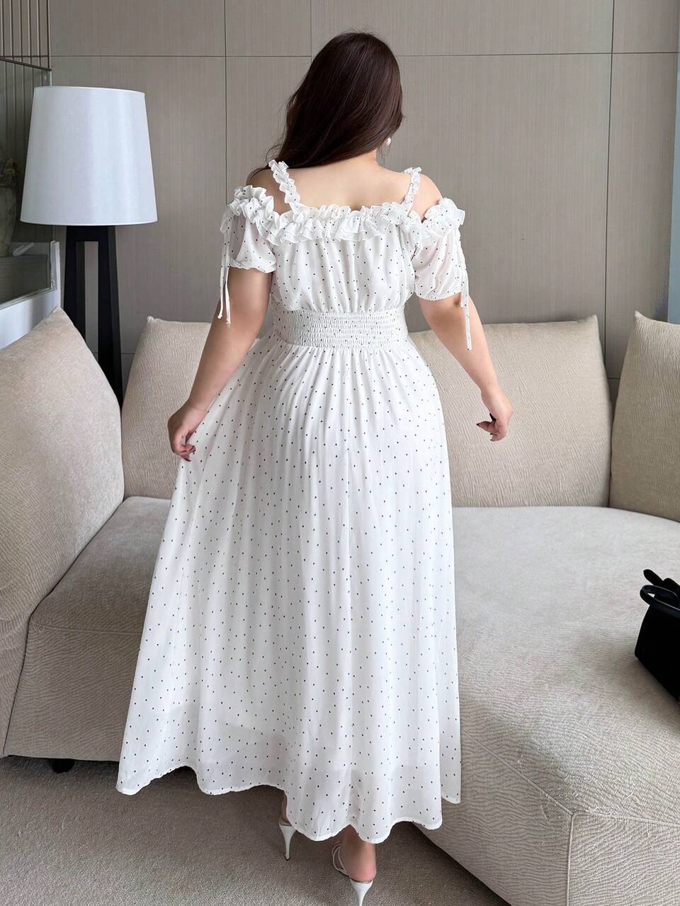Dazy Plus Plus Size Polka Dot Mesh Waist-Cinched Ruffle Cold Shoulder Gathered Full Skirt Slim Fit Casual Versatile Dress For Women Spring Summer Sundress