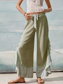 SoleilVie Women's Ditsy Floral Ruffle Hem Long Pants - Green - View 1