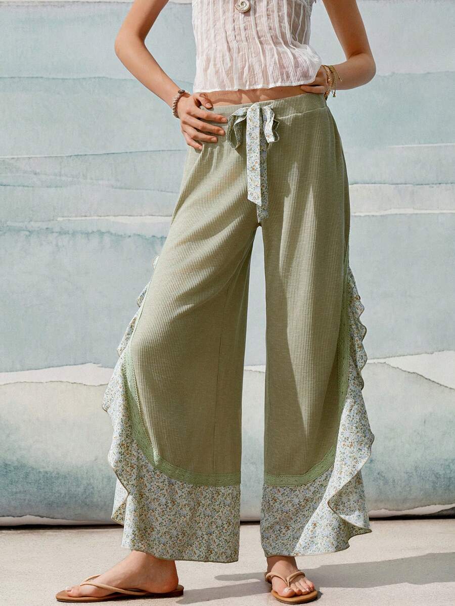 SoleilVie Women's Ditsy Floral Ruffle Hem Long Pants - Green - View 1