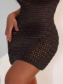Swim Vcay Vacation Beach Solid Color Backless Halter Neck Hollow Knit Cover-Up Dress - Coffee Brown - View 7