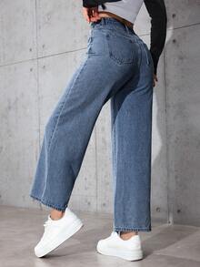 SHEIN PETITE 女款高腰口袋直筒寬鬆休閒百搭牛仔褲，適合嬌小女性 - 深色水洗藍 - 查看 2