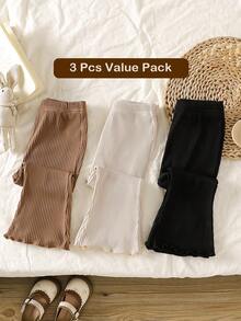 SHEIN Playful Pals 3pcs/Set Solid Color Long Pants For Baby Girls, Simple & Fashionable, Suitable For Outings, Spring/Autumn, Comfortable & - Khaki - View 3