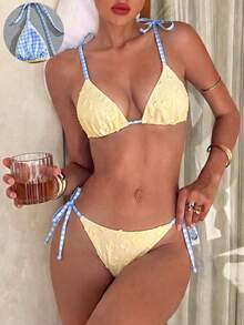 Swim Mod Conjunto de bikini de tela texturizada con estampado de cuadros, sexy y dulce, para vacaciones de playa en primavera/verano - Amarillo - Ver 3