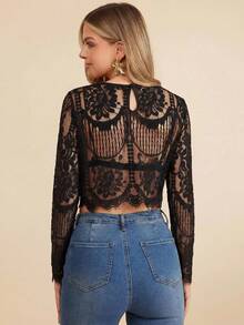 SHEIN Clasi Women's Lace Sexy Versatile Date & Outing Long Sleeve Top - Black - View 2