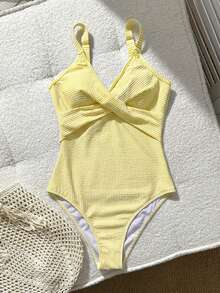Swim Lushoire Baju Renang Terusan Bergaris dengan Detail Silang di Dada, Terbuat dari Kain Khusus - Kuning - View 5