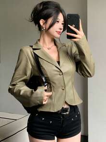 DAZY 秋季休閒街頭戶外收腰綠色PU皮革夾克西裝外套風格優雅辣妹音樂節女款外套 - 墨綠色 - 查看 4