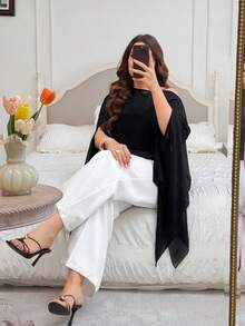 Modelyn Summer Black Chiffon Open Shoulder Elegant Plus Size Women's Blouse Fall - Black - View 6