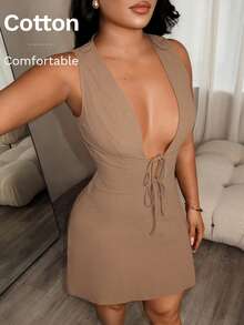 SHEIN SXY Tie-Knot Casual Striped Mini Dress - Khaki - View 2