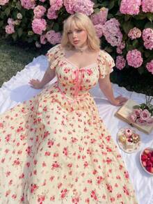 Lyrianda Plus Size Romantic Square Neck Waist Cinched A-Line Long Dress - Multicolor - View 6