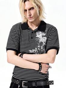 ROMWE MEN Casual 男士條紋骷髏印花短袖休閒通勤 Polo 衫 - 黑色 - 查看 7